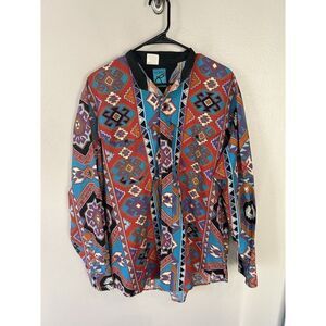 Vintage Roper Mens Large No Collar Button Up Shirt Long Sleeve Aztec Western